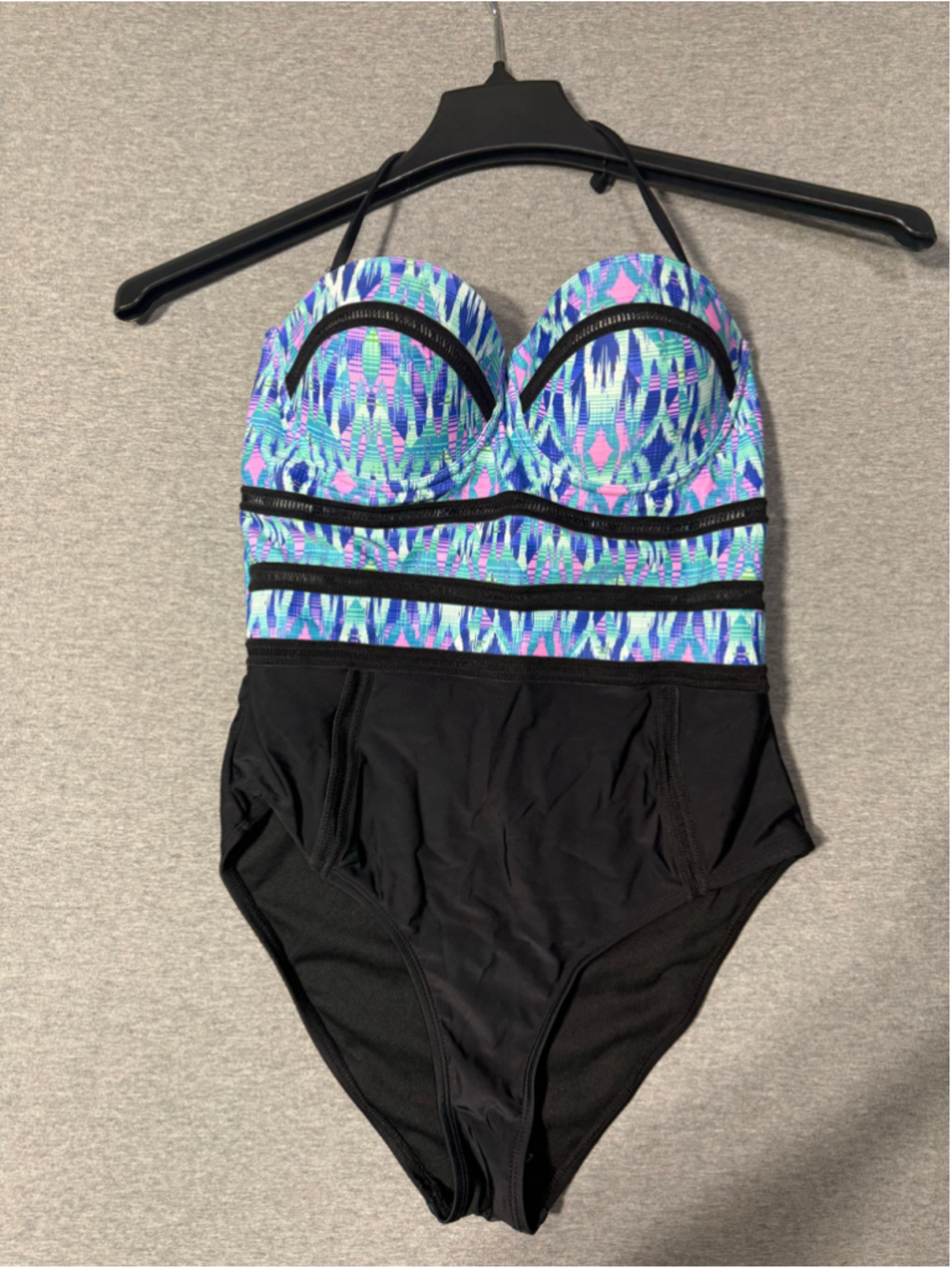 Women's XOXO One Piece Swimsuit Size M Black Blue Patterned